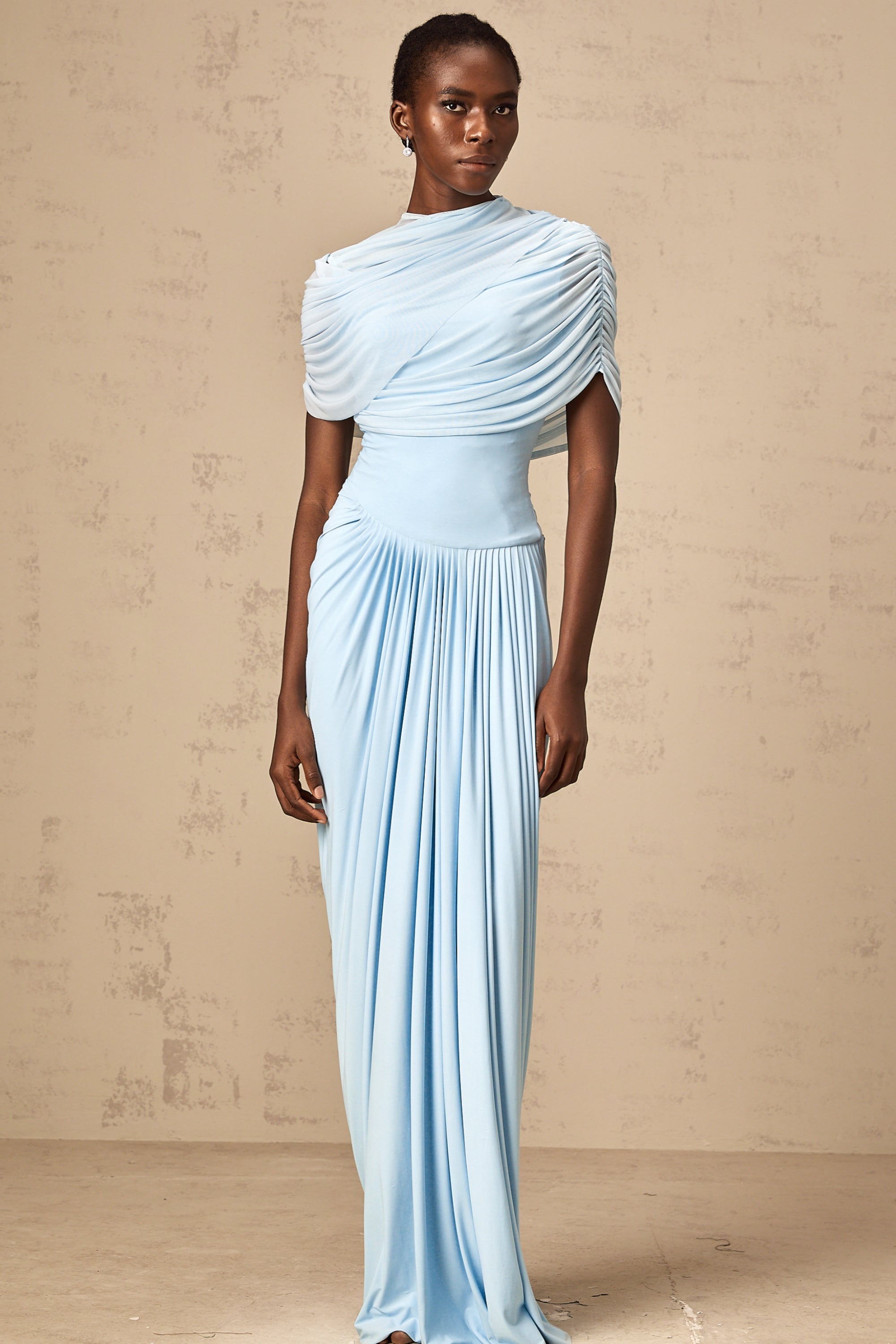 Catherine asymmetrical pleated maxi dress in Baby-blue - Threadford