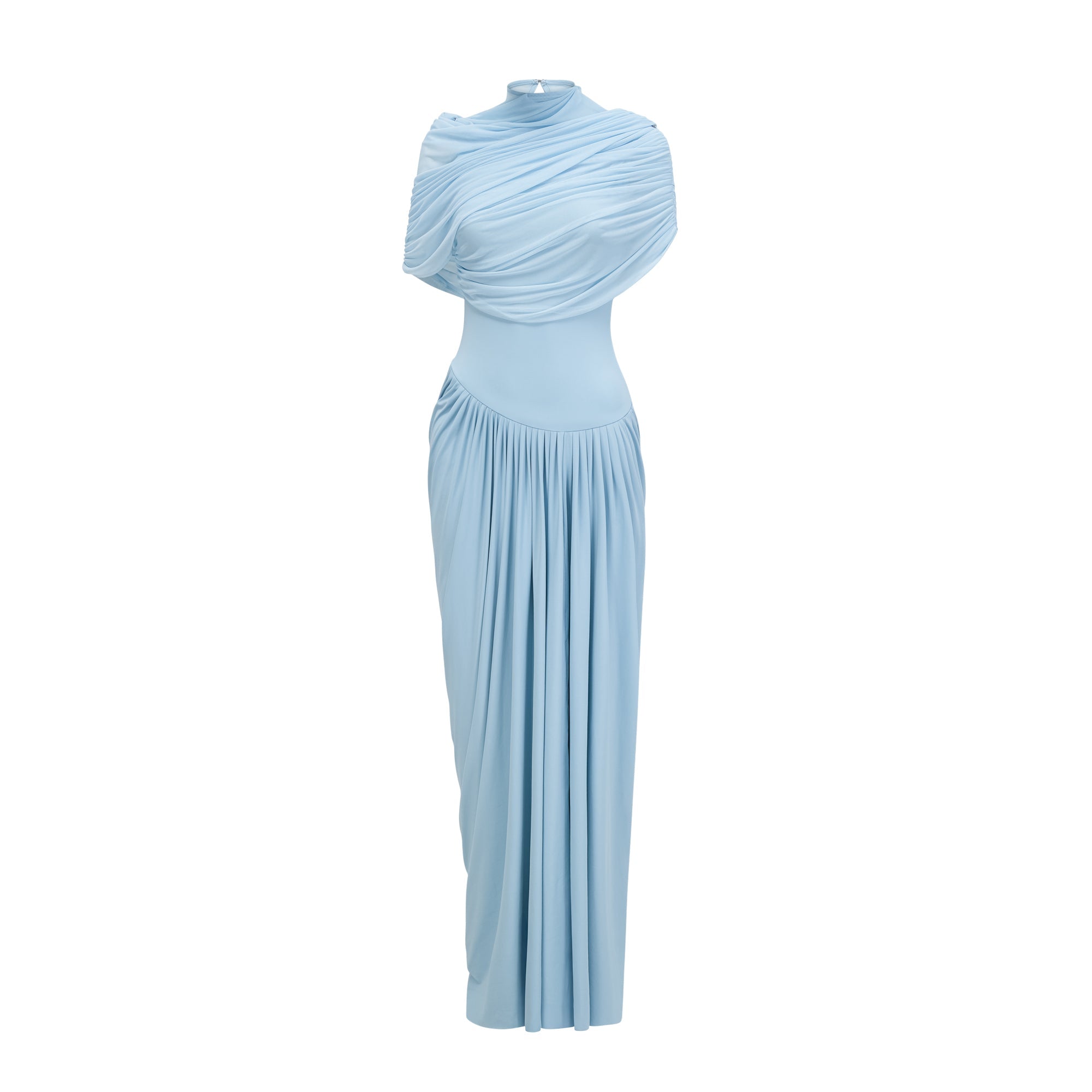 Catherine asymmetrical pleated maxi dress in Baby-blue - Threadford