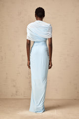 Catherine asymmetrical pleated maxi dress in Baby-blue - Threadford