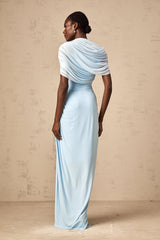 Catherine asymmetrical pleated maxi dress in Baby-blue - Threadford