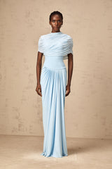 Catherine asymmetrical pleated maxi dress in Baby-blue - Threadford