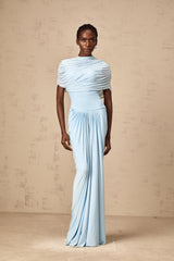 Catherine asymmetrical pleated maxi dress in Baby-blue - Threadford