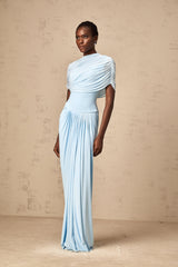 Catherine asymmetrical pleated maxi dress in Baby-blue - Threadford