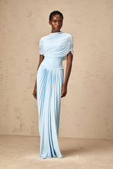 Catherine asymmetrical pleated maxi dress in Baby-blue - Threadford