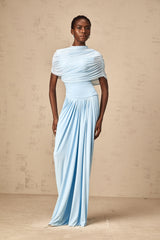 Catherine asymmetrical pleated maxi dress in Baby-blue - Threadford