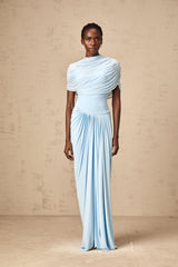 Catherine asymmetrical pleated maxi dress in Baby-blue - Threadford