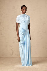 Catherine asymmetrical pleated maxi dress in Baby-blue - Threadford