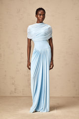 Catherine asymmetrical pleated maxi dress in Baby-blue - Threadford