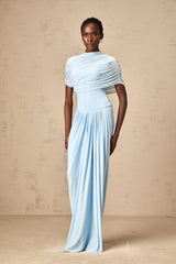 Catherine asymmetrical pleated maxi dress in Baby-blue - Threadford