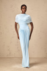 Catherine asymmetrical pleated maxi dress in Baby-blue - Threadford