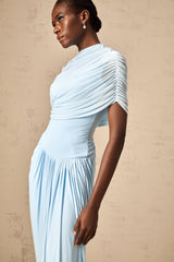 Catherine asymmetrical pleated maxi dress in Baby-blue - Threadford