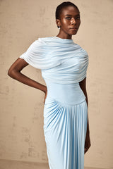 Catherine asymmetrical pleated maxi dress in Baby-blue - Threadford
