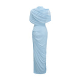 Catherine asymmetrical pleated maxi dress in Baby-blue - Threadford
