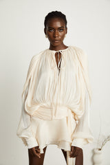 Eugénie Neutral Fully Pleated Ruffled Mini Dress - Threadford