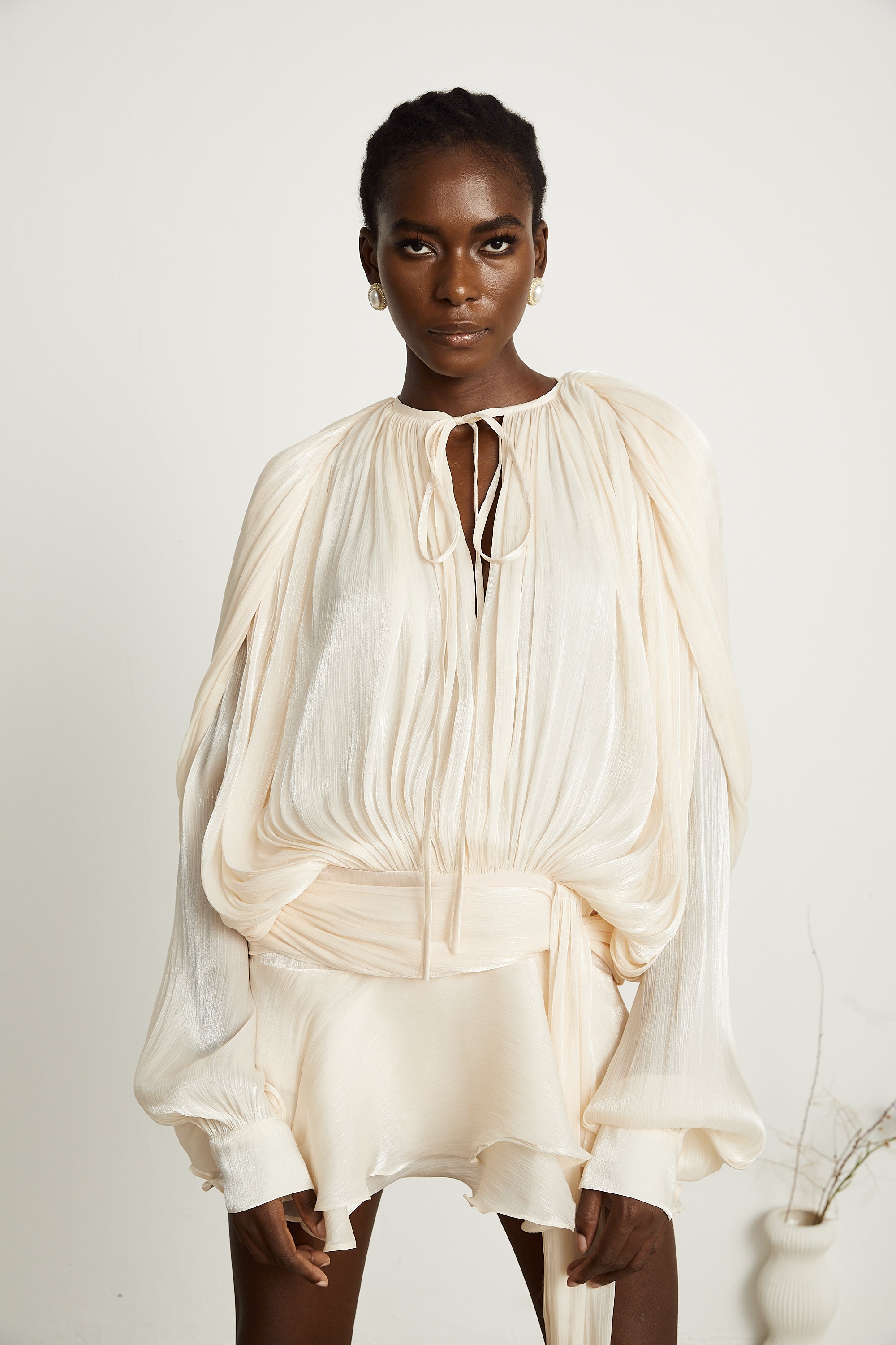 Eugénie Neutral Fully Pleated Ruffled Mini Dress - Threadford
