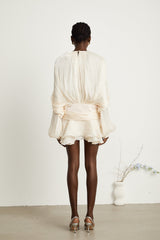Eugénie Neutral Fully Pleated Ruffled Mini Dress - Threadford