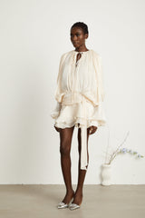 Eugénie Neutral Fully Pleated Ruffled Mini Dress - Threadford