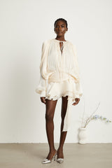 Eugénie Neutral Fully Pleated Ruffled Mini Dress - Threadford