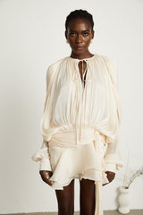 Eugénie Neutral Fully Pleated Ruffled Mini Dress - Threadford