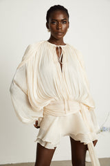 Eugénie Neutral Fully Pleated Ruffled Mini Dress - Threadford