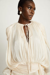 Eugénie Neutral Fully Pleated Ruffled Mini Dress - Threadford