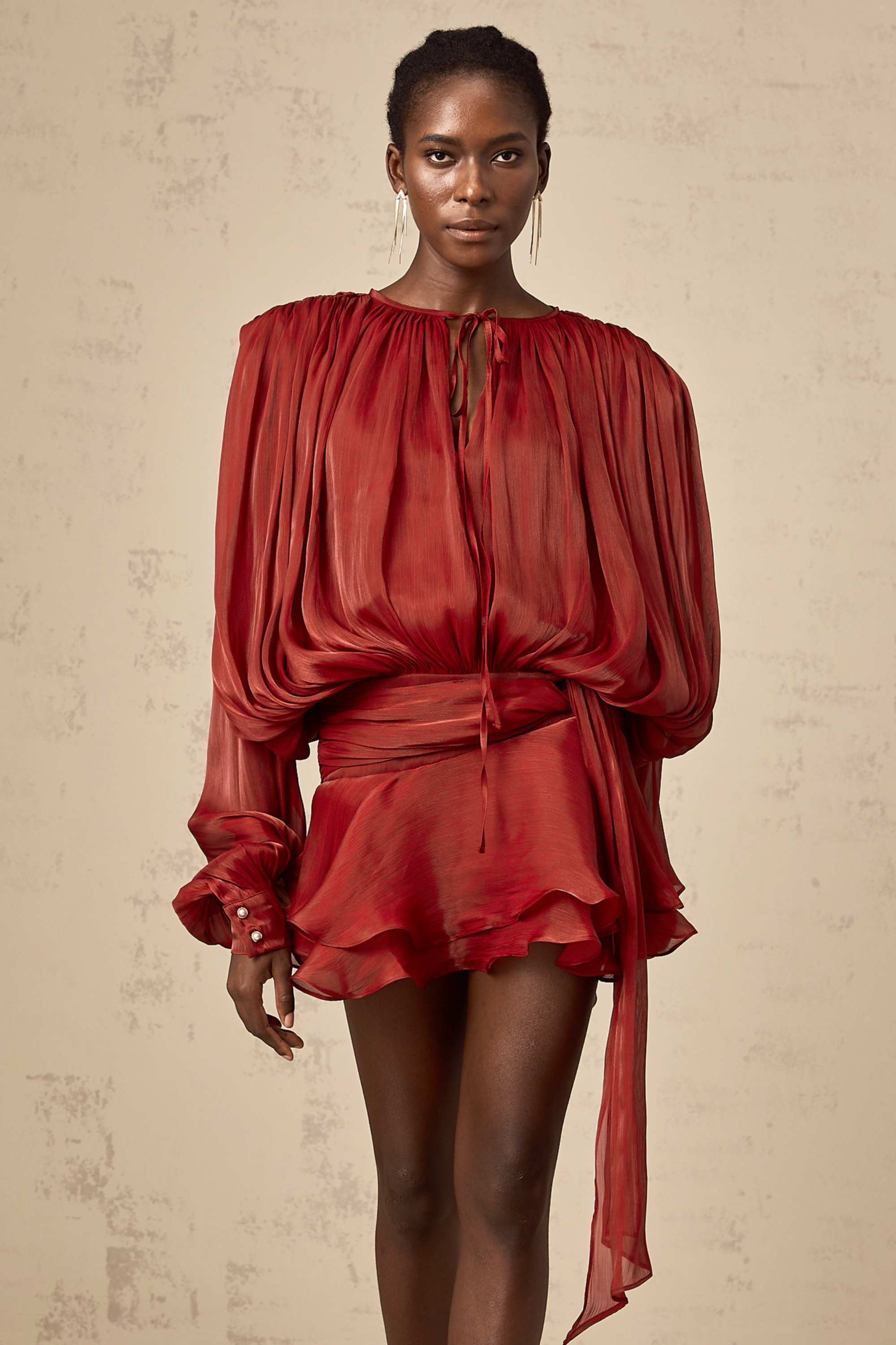 Eugénie Red Fully Pleated Ruffled Mini Dress - Threadford
