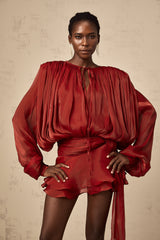 Eugénie Red Fully Pleated Ruffled Mini Dress - Threadford