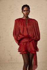 Eugénie Red Fully Pleated Ruffled Mini Dress - Threadford