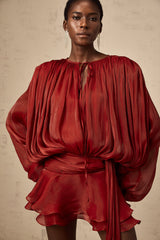 Eugénie Red Fully Pleated Ruffled Mini Dress - Threadford