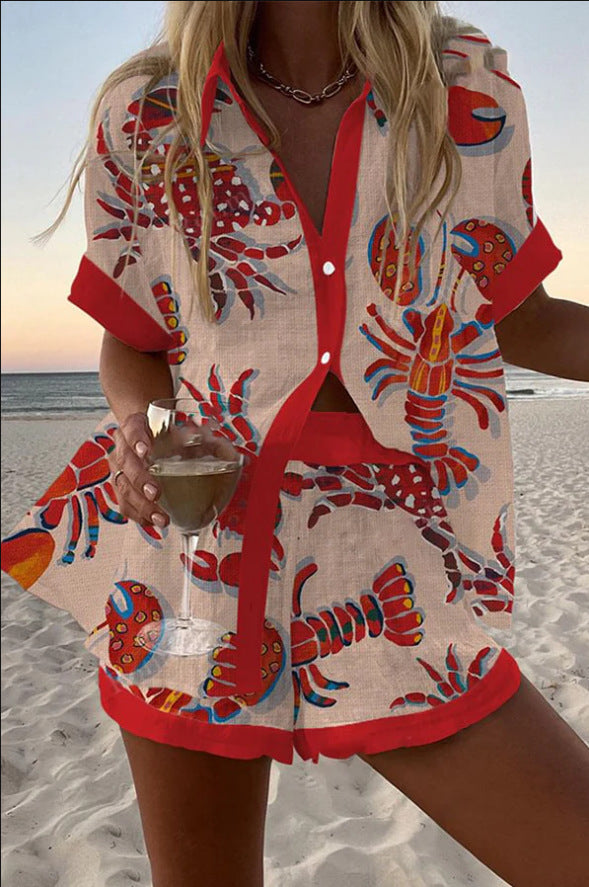 Daphira™ | Short Linen Set with Lobster Print - Threadford