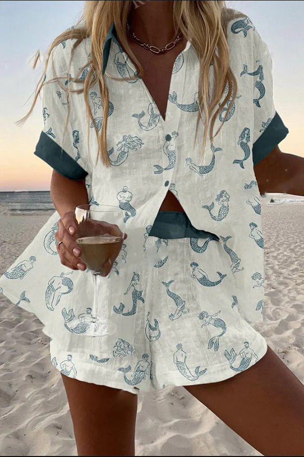 Jalira™ | Short Linen Set with Mermaid Print - Threadford