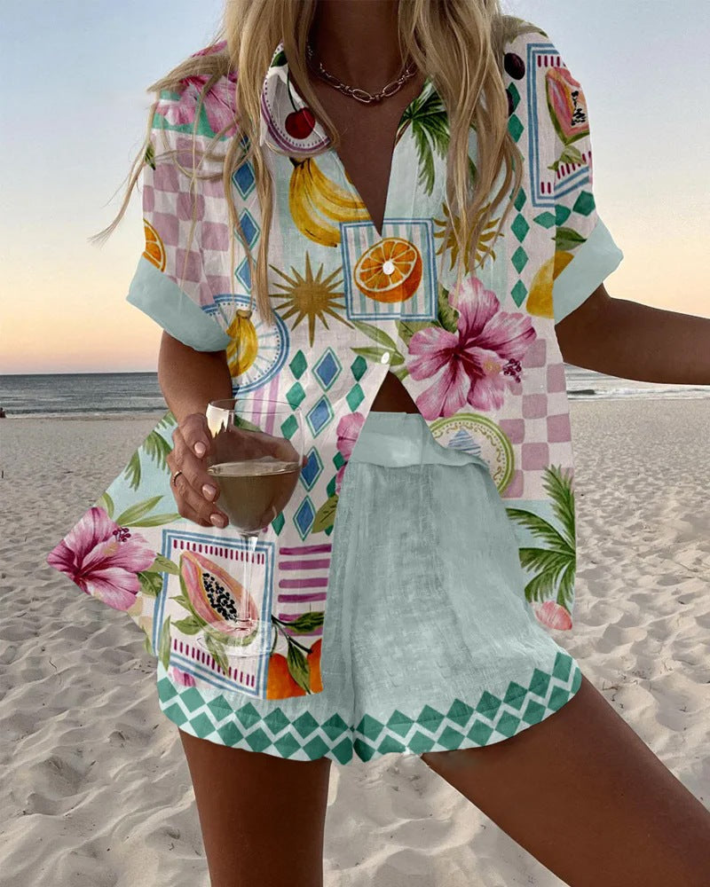 Maevin™ | Short Linen Set with Fruit Print - Threadford