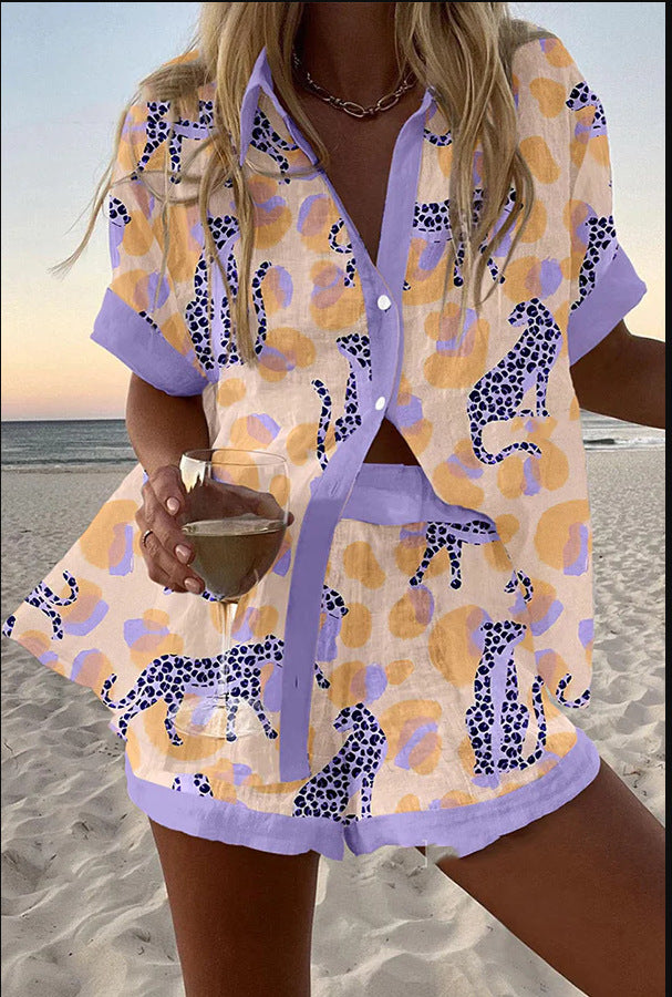 Reolia™ | Short linen set with leopard print - Threadford