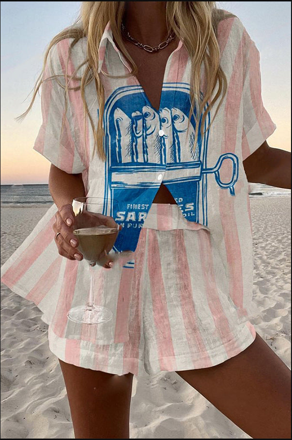 Silava™ | Short Linen Set with Sardine Print - Threadford