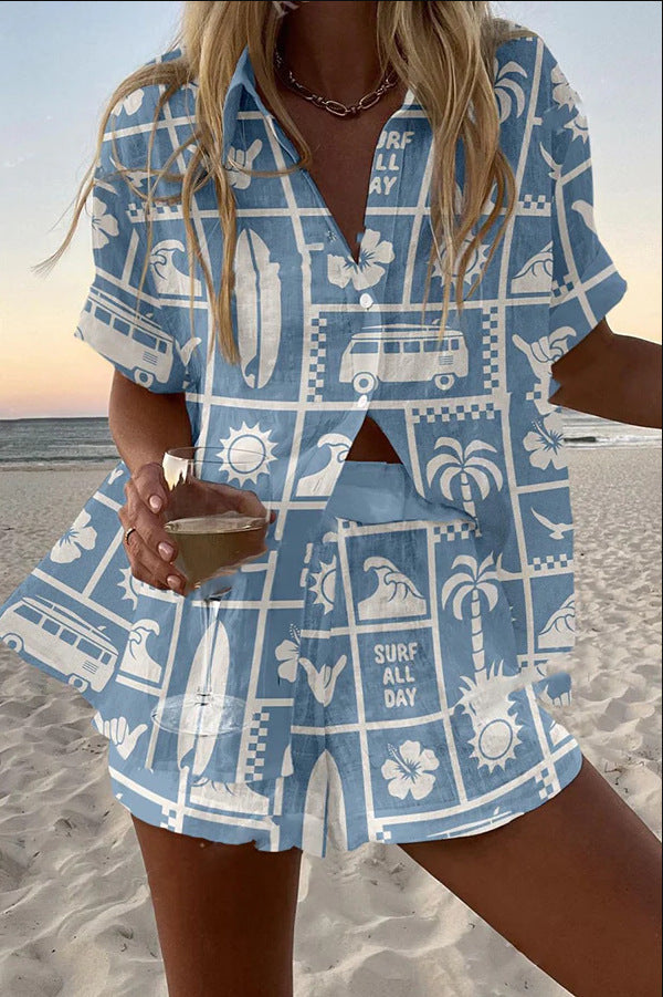 Trenara™ | Short Linen Set with Caravan Print - Threadford