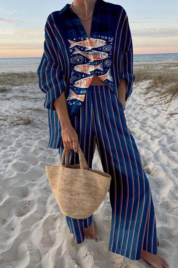 Zairine™ | Linen Set with Blue Koi Print - Threadford