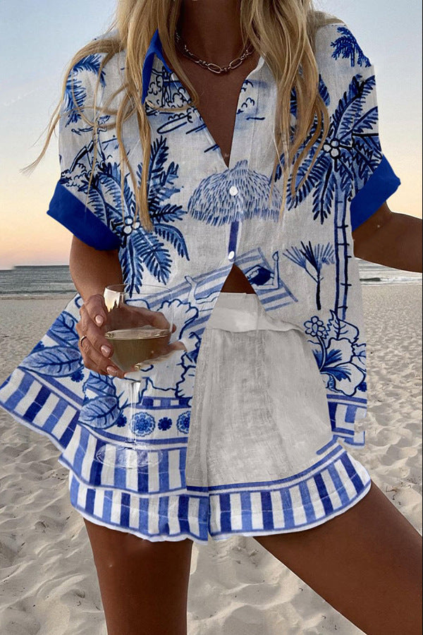 Zanika™ | Short Linen Set with Palm Print - Threadford