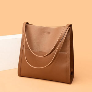 Simple Solid Colour Shoulder Bag Made of Genuine Leather - Threadford