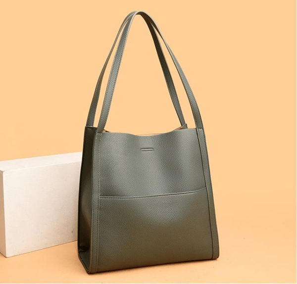 Simple Solid Colour Shoulder Bag Made of Genuine Leather - Threadford