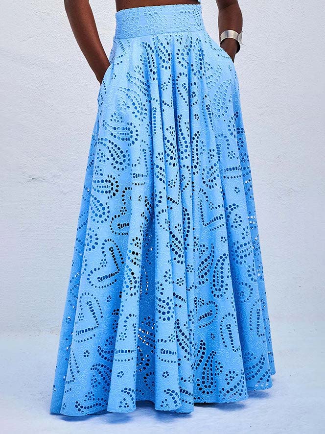 Exquisite embroidered hollow lace long A-line skirt - Threadford