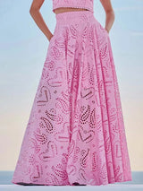 Exquisite embroidered hollow lace long A-line skirt - Threadford