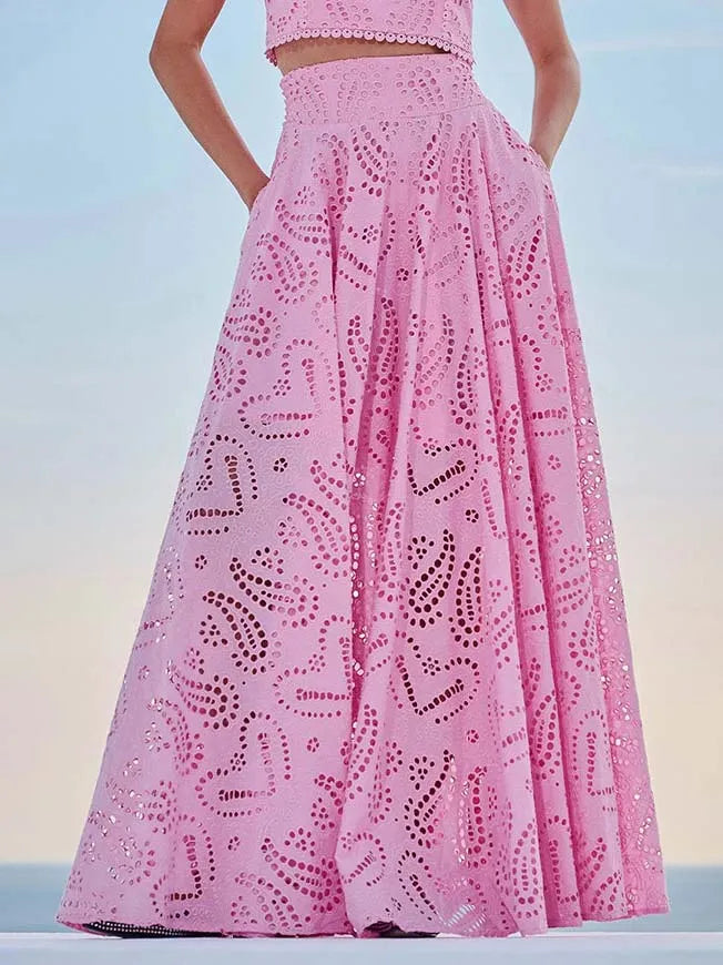 Exquisite embroidered hollow lace long A-line skirt - Threadford