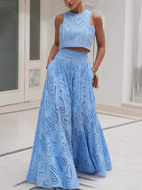 Exquisite embroidered hollow lace long A-line skirt - Threadford