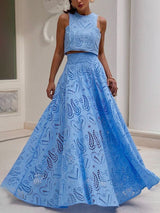 Exquisite embroidered hollow lace long A-line skirt - Threadford