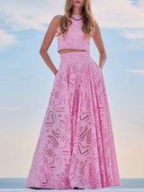 Exquisite embroidered hollow lace long A-line skirt - Threadford