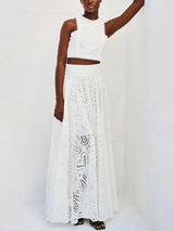 Exquisite embroidered hollow lace long A-line skirt - Threadford