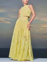 Exquisite embroidered hollow lace long A-line skirt - Threadford
