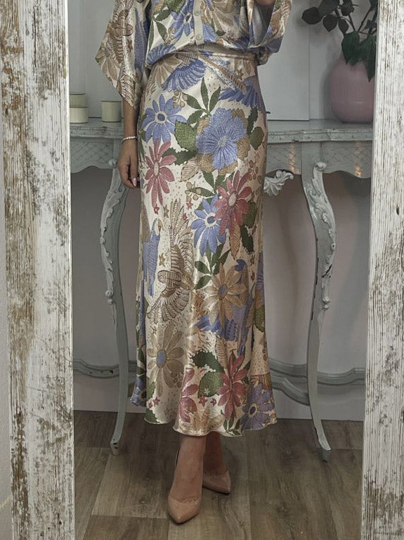 Exquisite Satin Floral Print Fishtail Skirt - Threadford