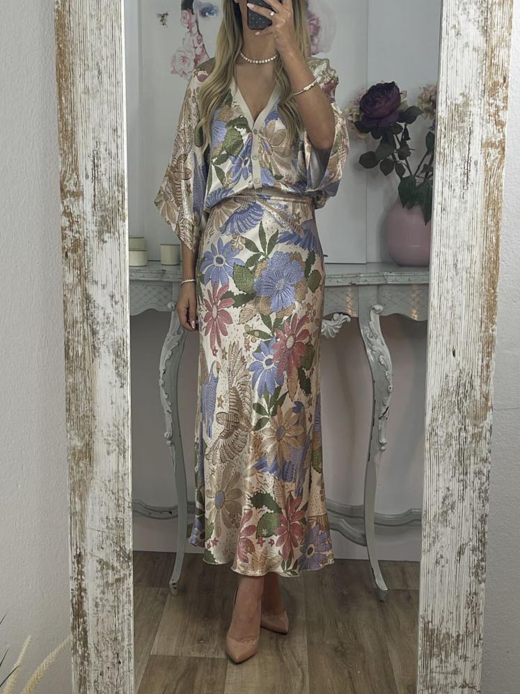 Exquisite Satin Floral Print Fishtail Skirt - Threadford