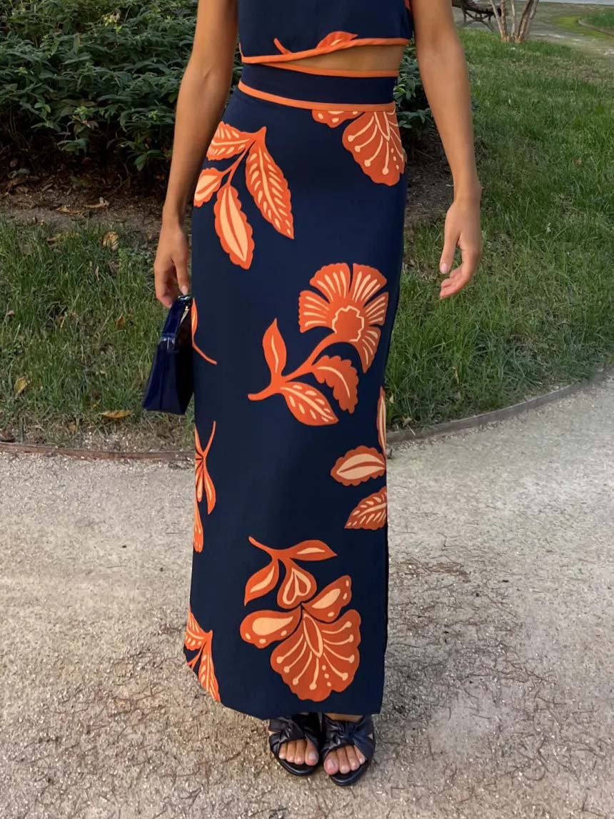 Exquisite Plant And Flower Print Slit Skirt - Threadford